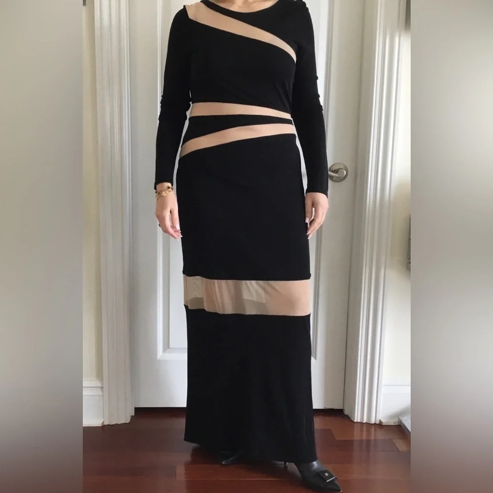 ABS Allen Schwartz Illusion Inset Maxi Long Black dress Peekaboo stripes - Picture 1 of 5